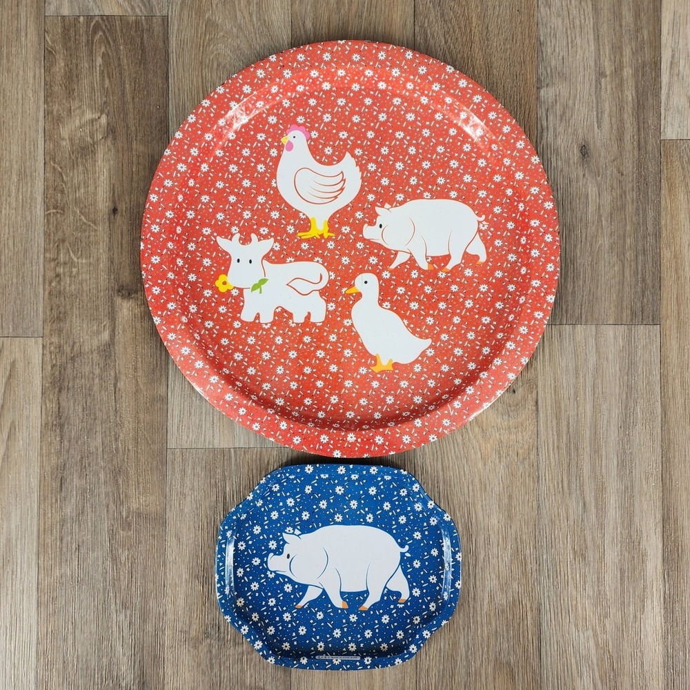 Vintage Farm Animal Metal Tray Set Kitchen Decor Round Red Pig‎ Blue Flower